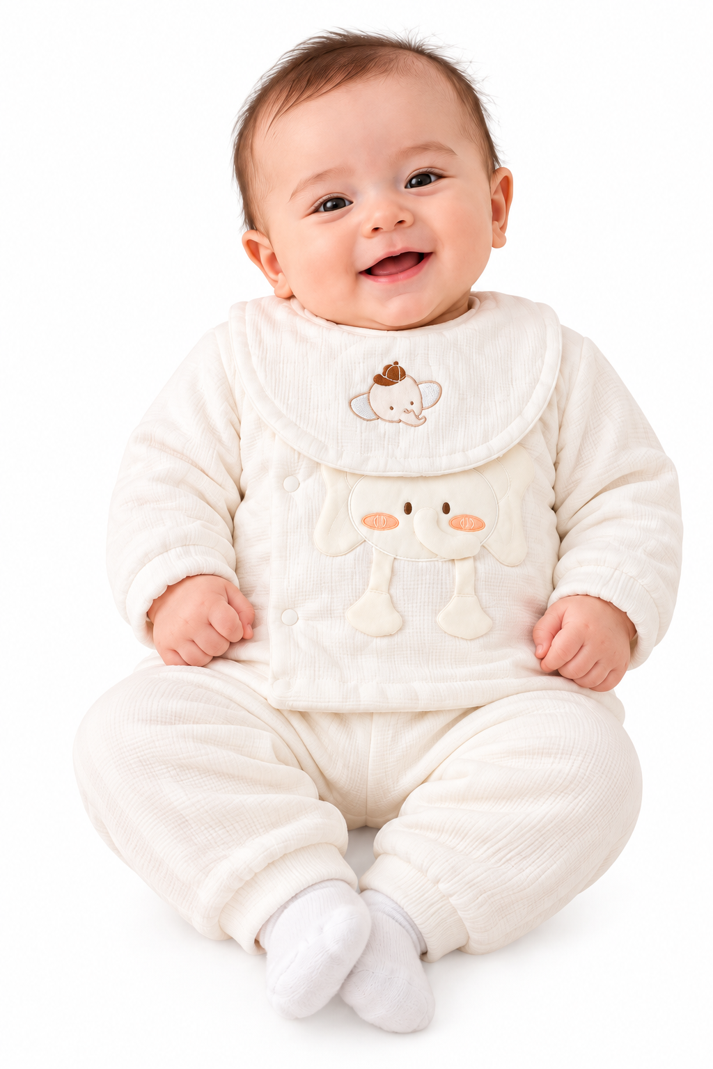 Smiling Baby in Elephant-Embroidered Outfit