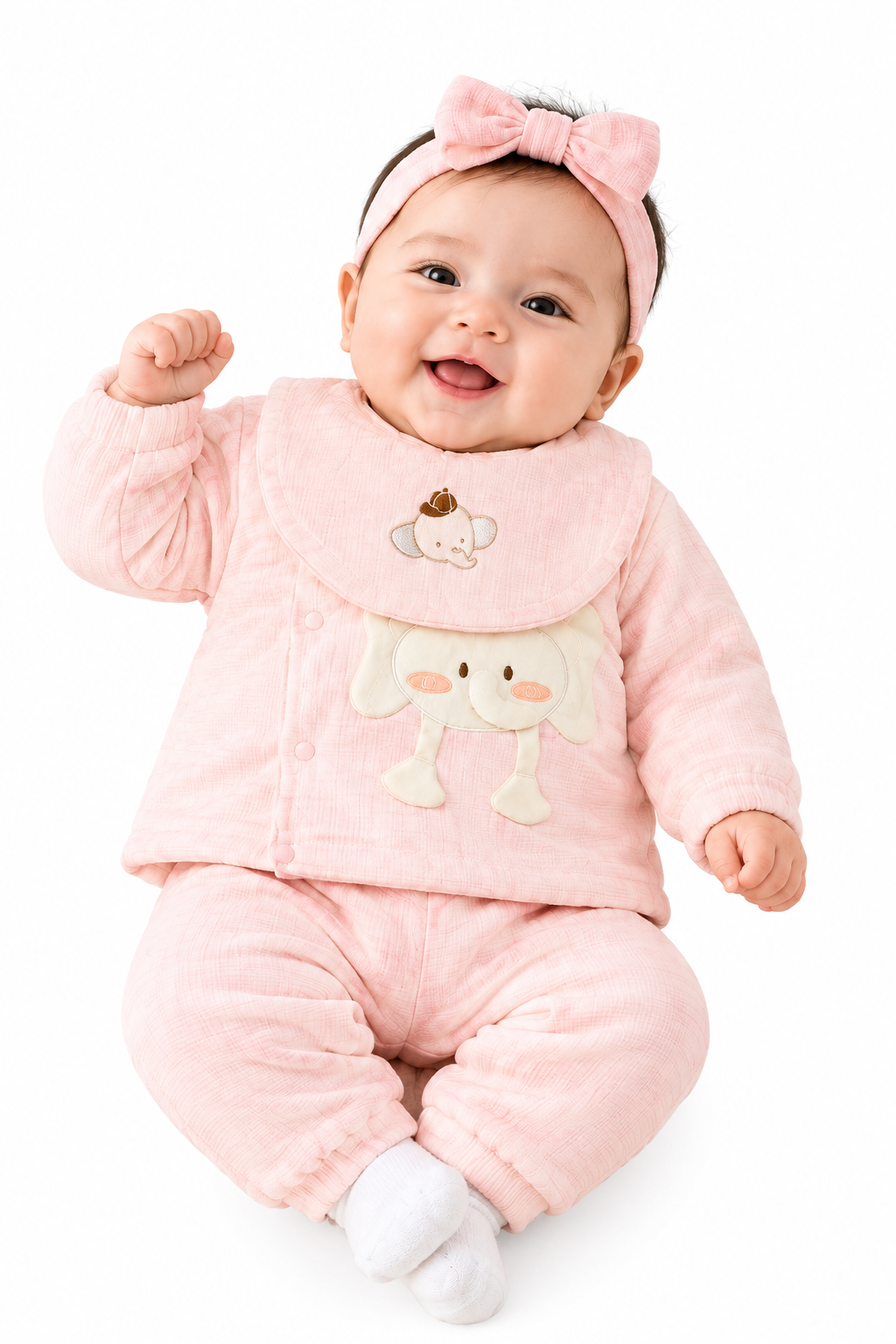 Smiling Baby in Pastel Pink Elephant Outfit