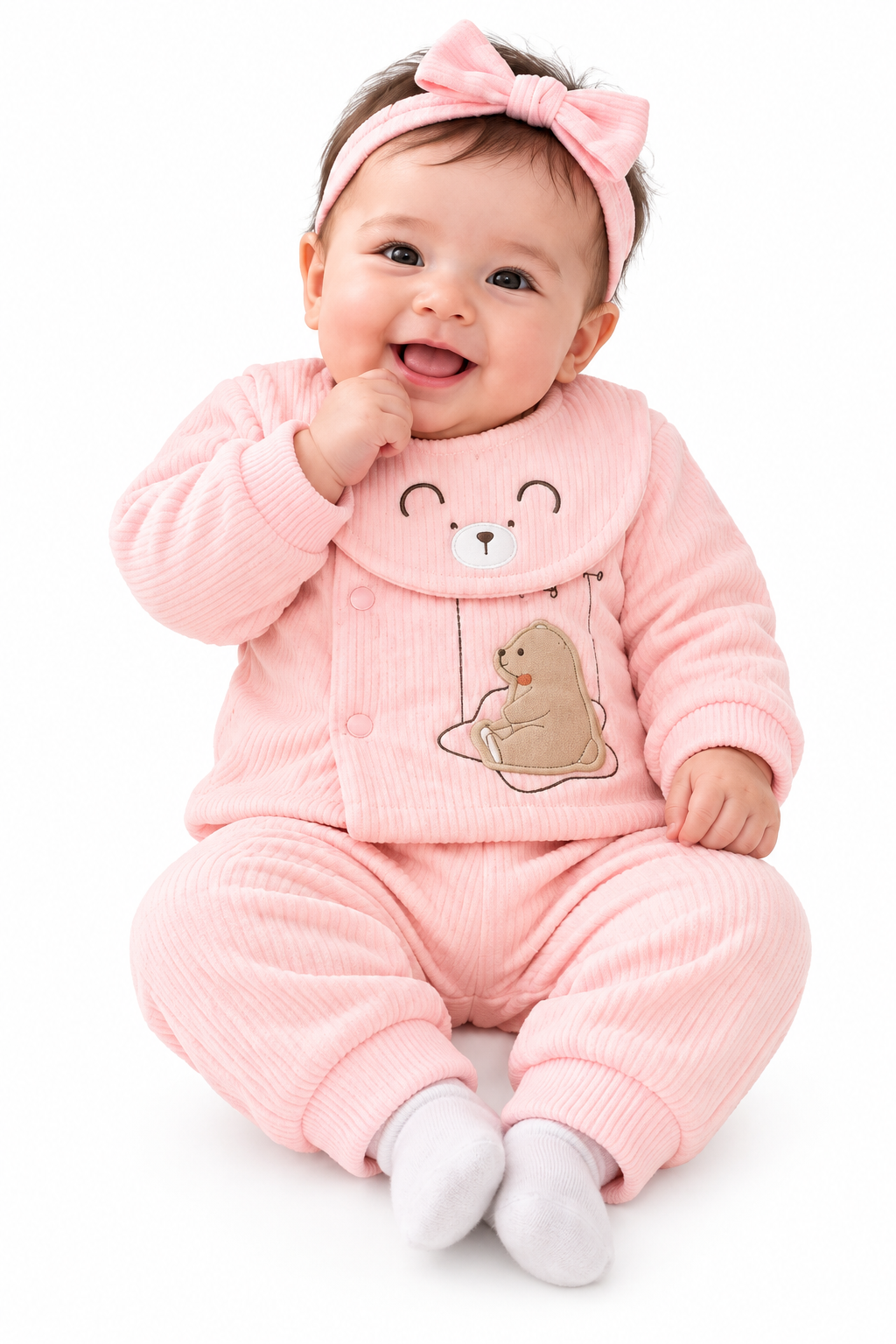 Smiling Baby in Pink Bear Outfit