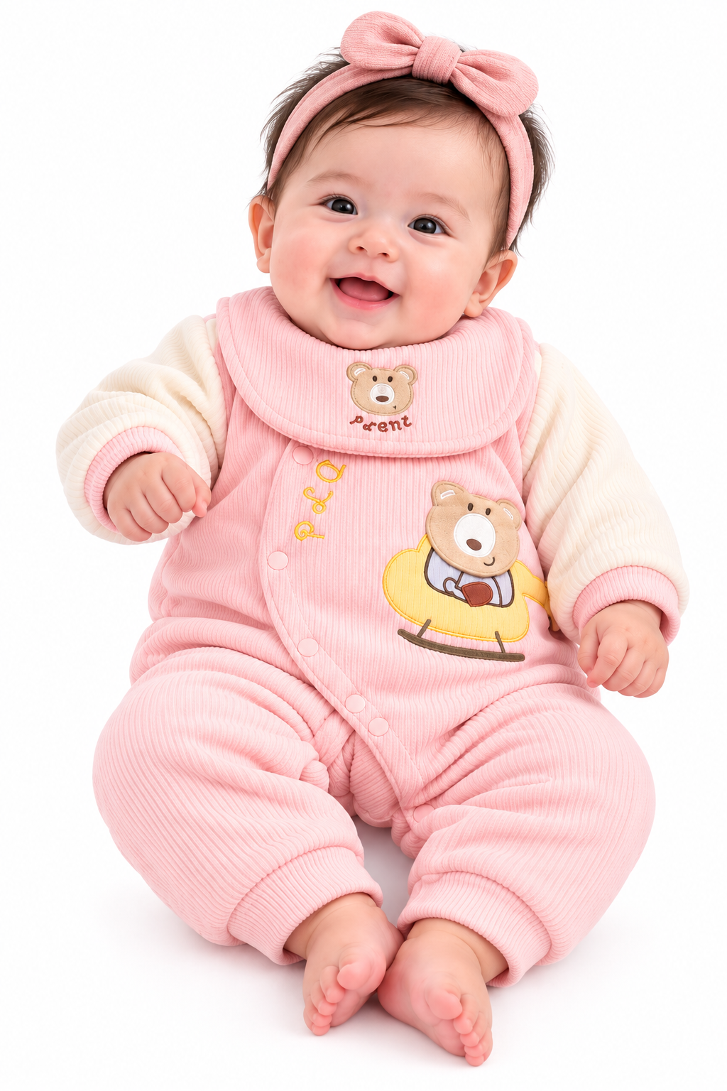 Smiling Baby in Pink Bear Romper (1)