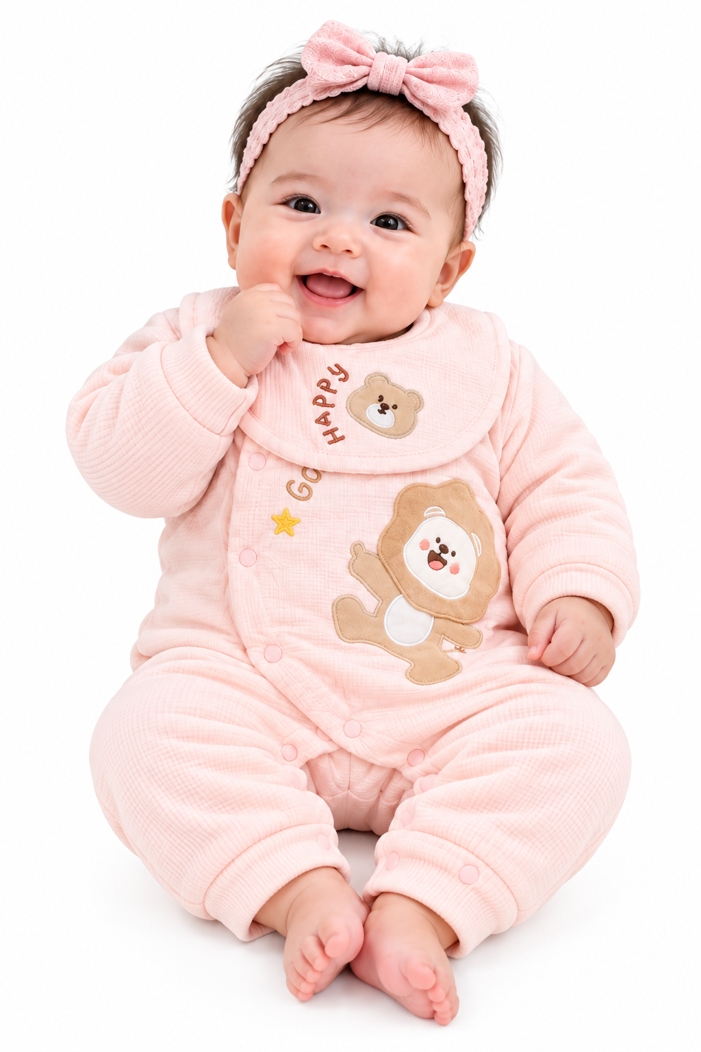 Smiling Baby in Pink Bear Romper