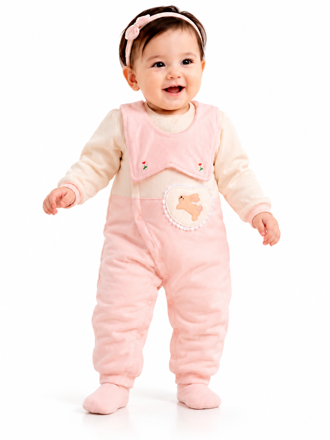 Smiling Baby in Pink Bunny Romper-1