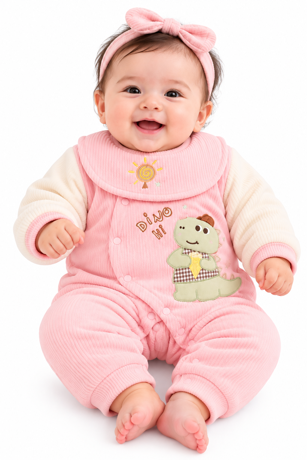 Smiling Baby in Pink Dino Romper