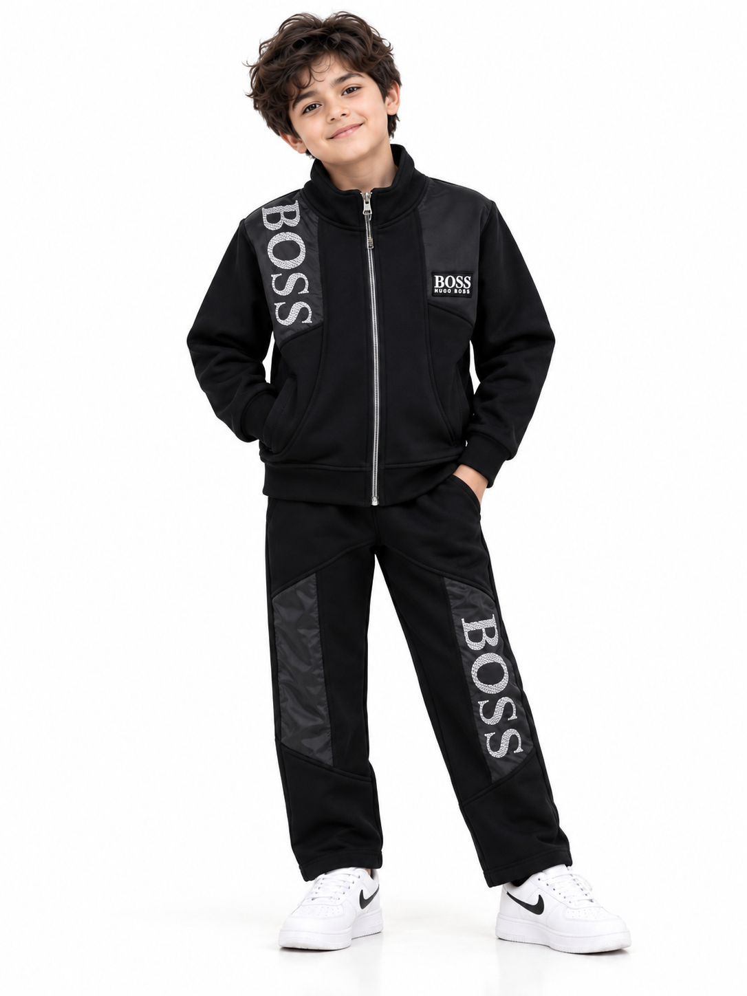 Smiling Boy in Black BOSS Tracksuit