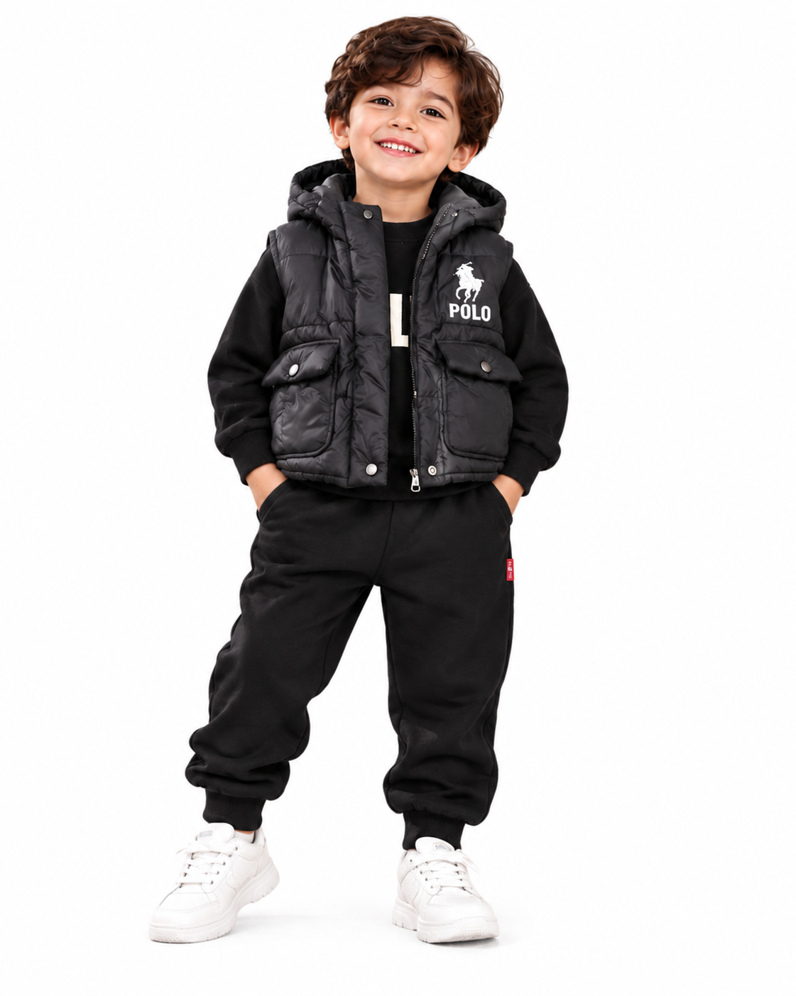 Smiling Boy in Black Puffer Tracksuit
