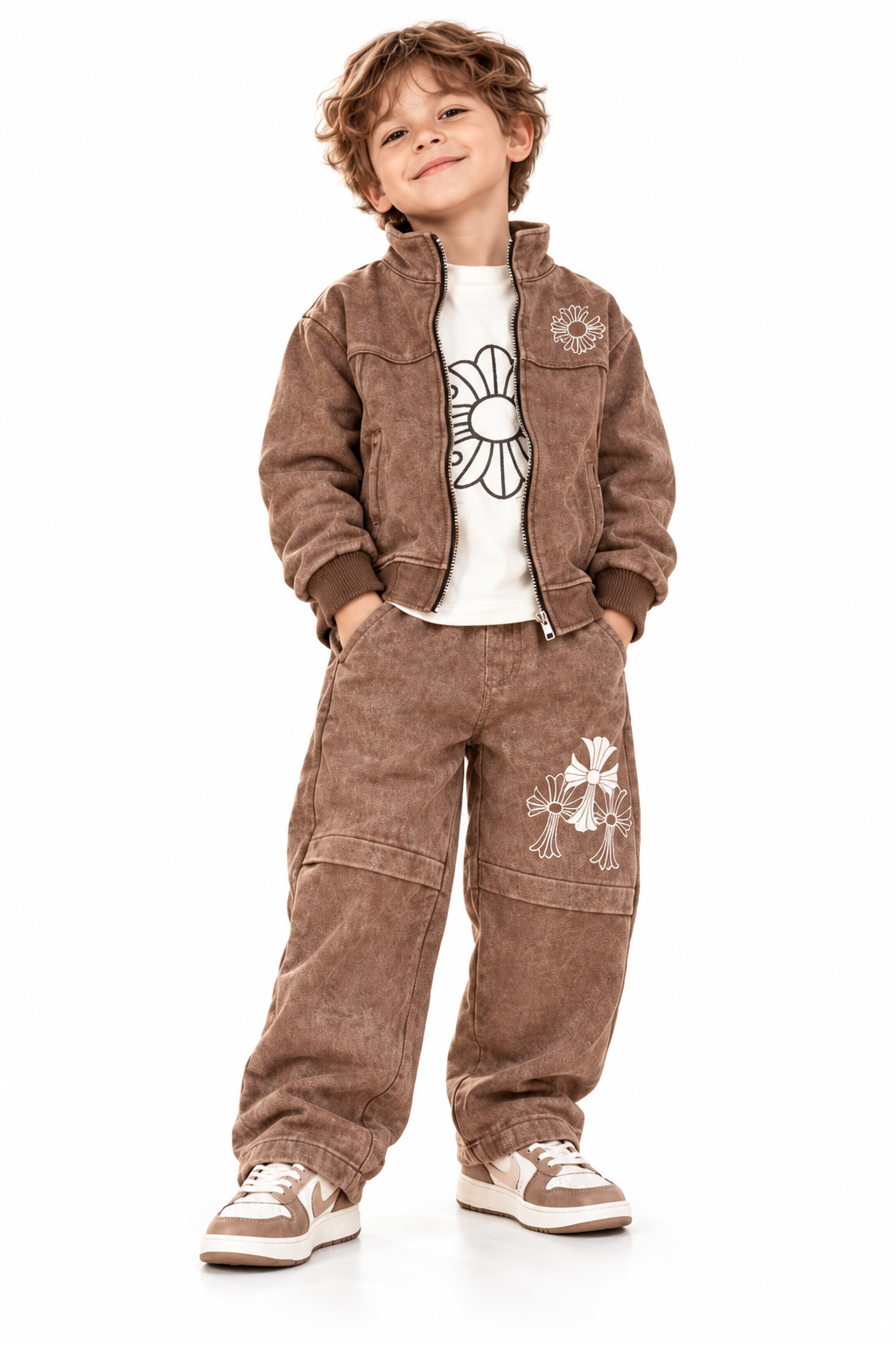 Smiling Boy in Brown Floral Streetwear-2