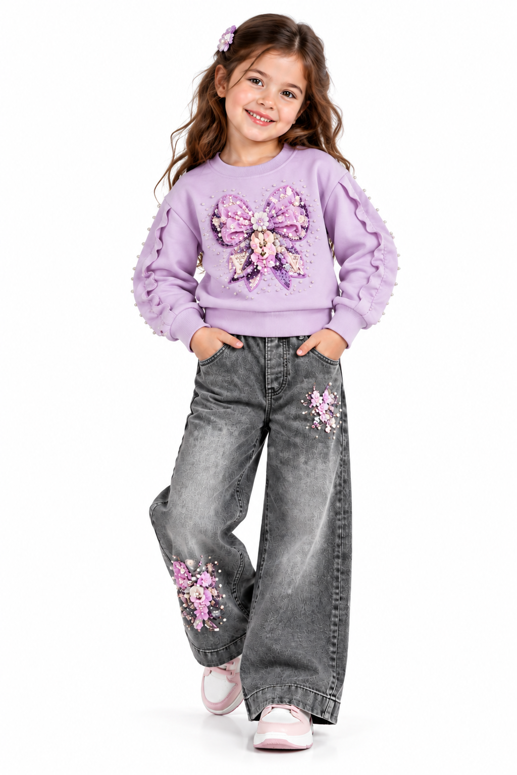 Smiling Girl in Lilac Embellished Outfit