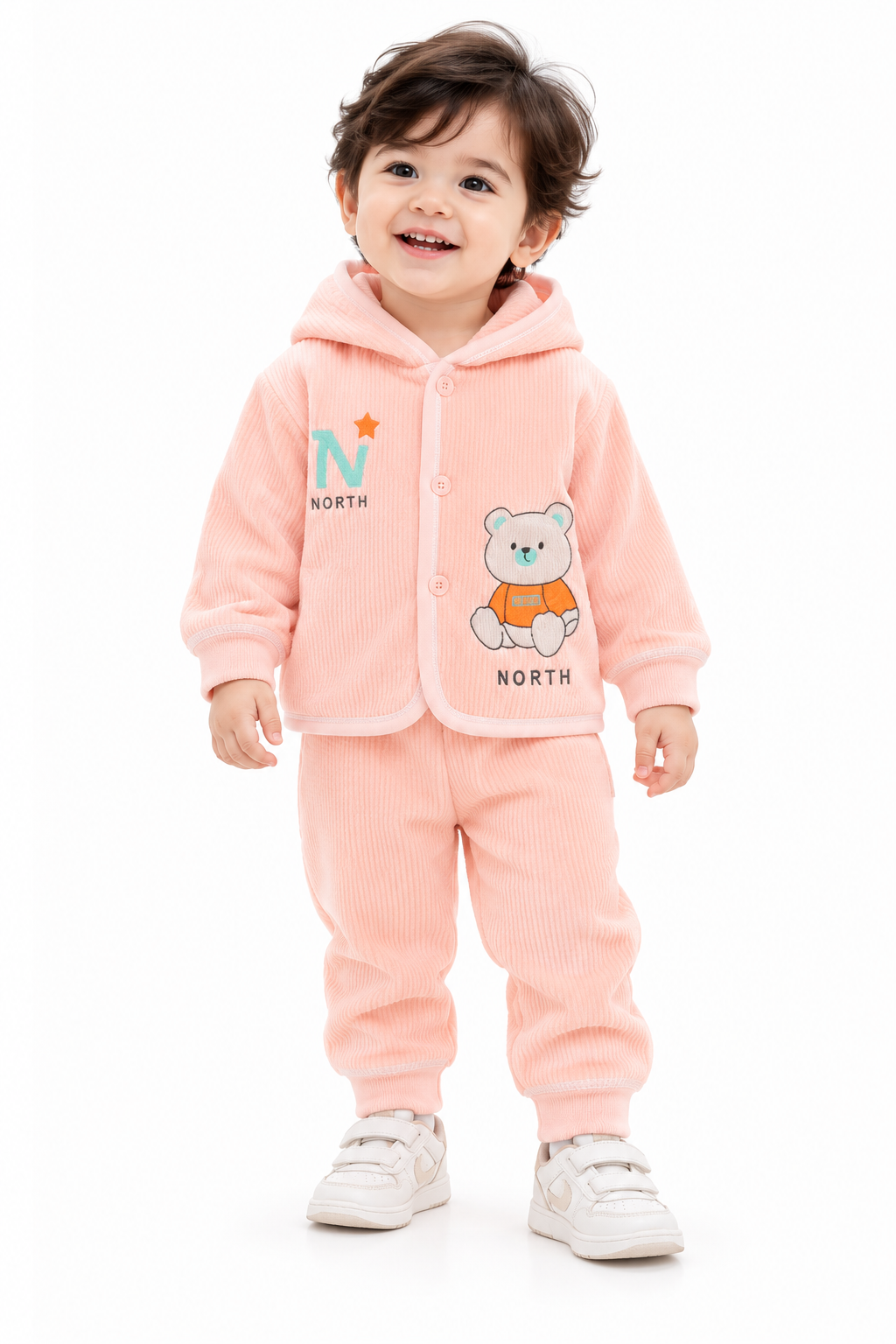 Smiling Toddler in Peach North Outfit-2