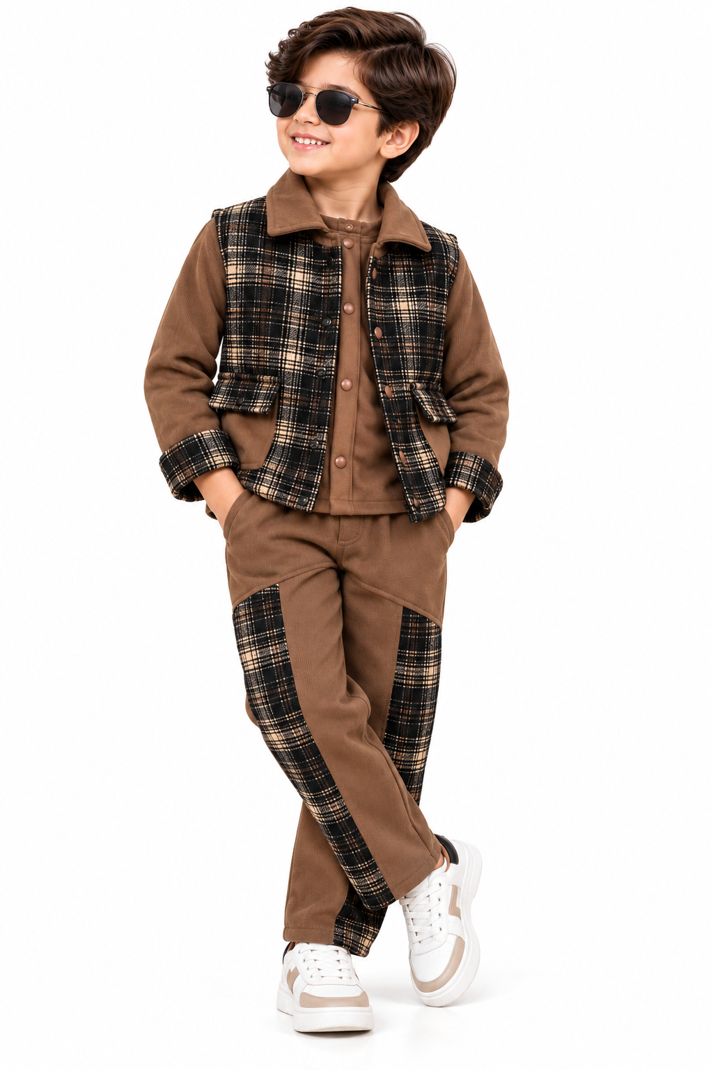 Stylish Boy in Brown Plaid Outfit-8