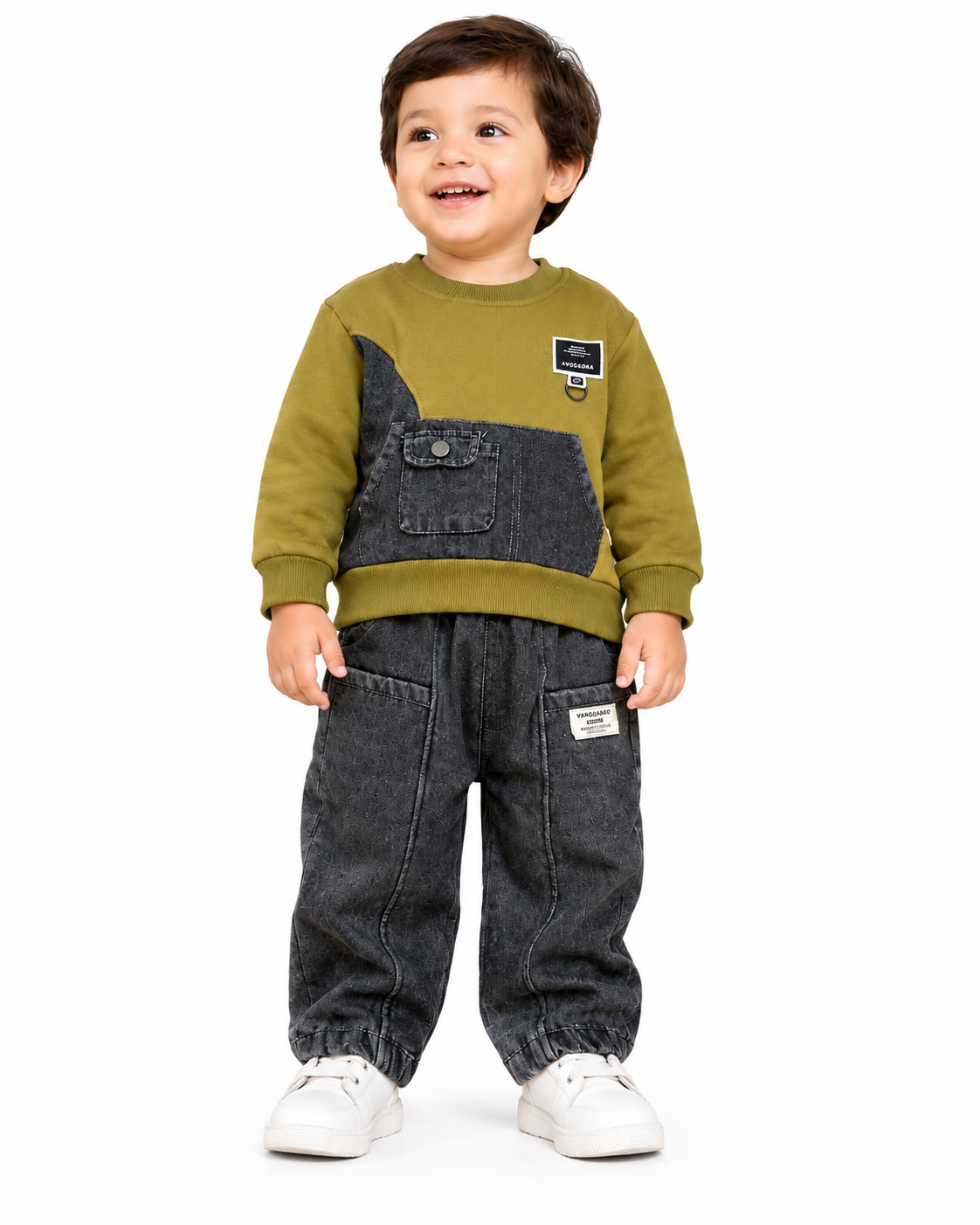 Toddler in Olive Sweatshirt and Denim Joggers