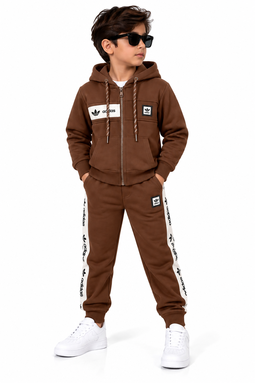 Young Boy in Brown Adidas Tracksuit