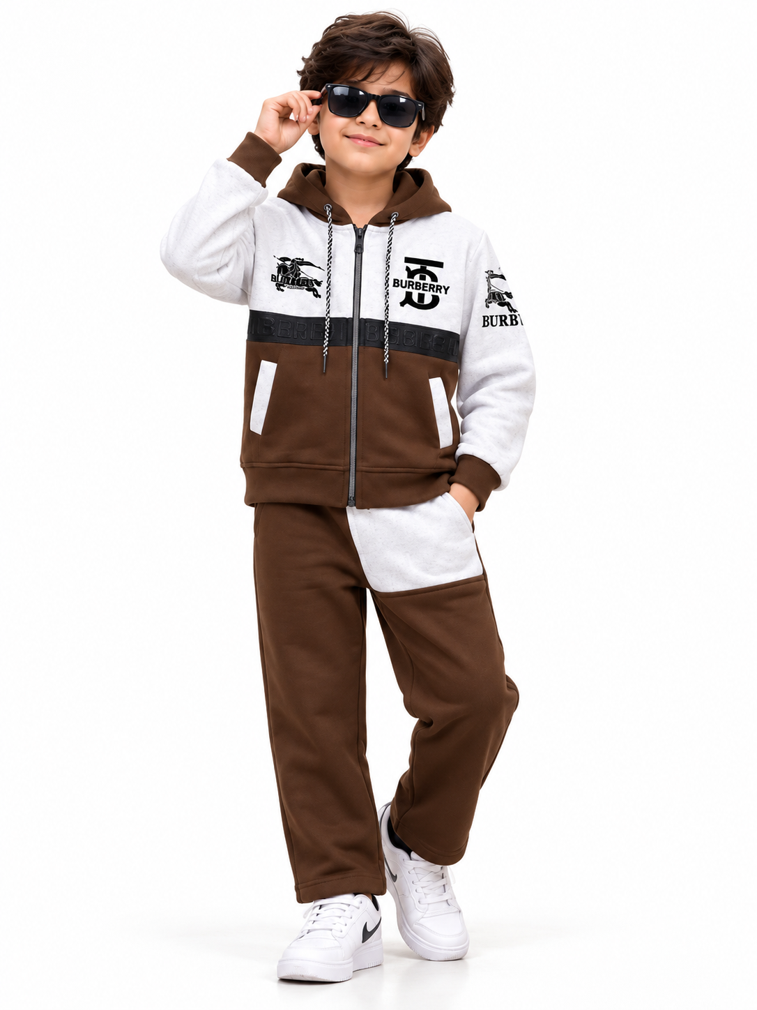 Young Boy in Brown Burberry Tracksuit