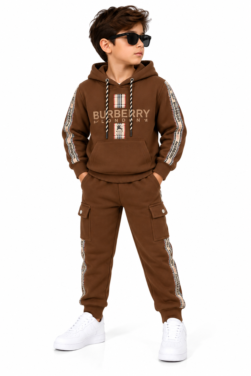 Young Boy in Brown Designer Tracksuit