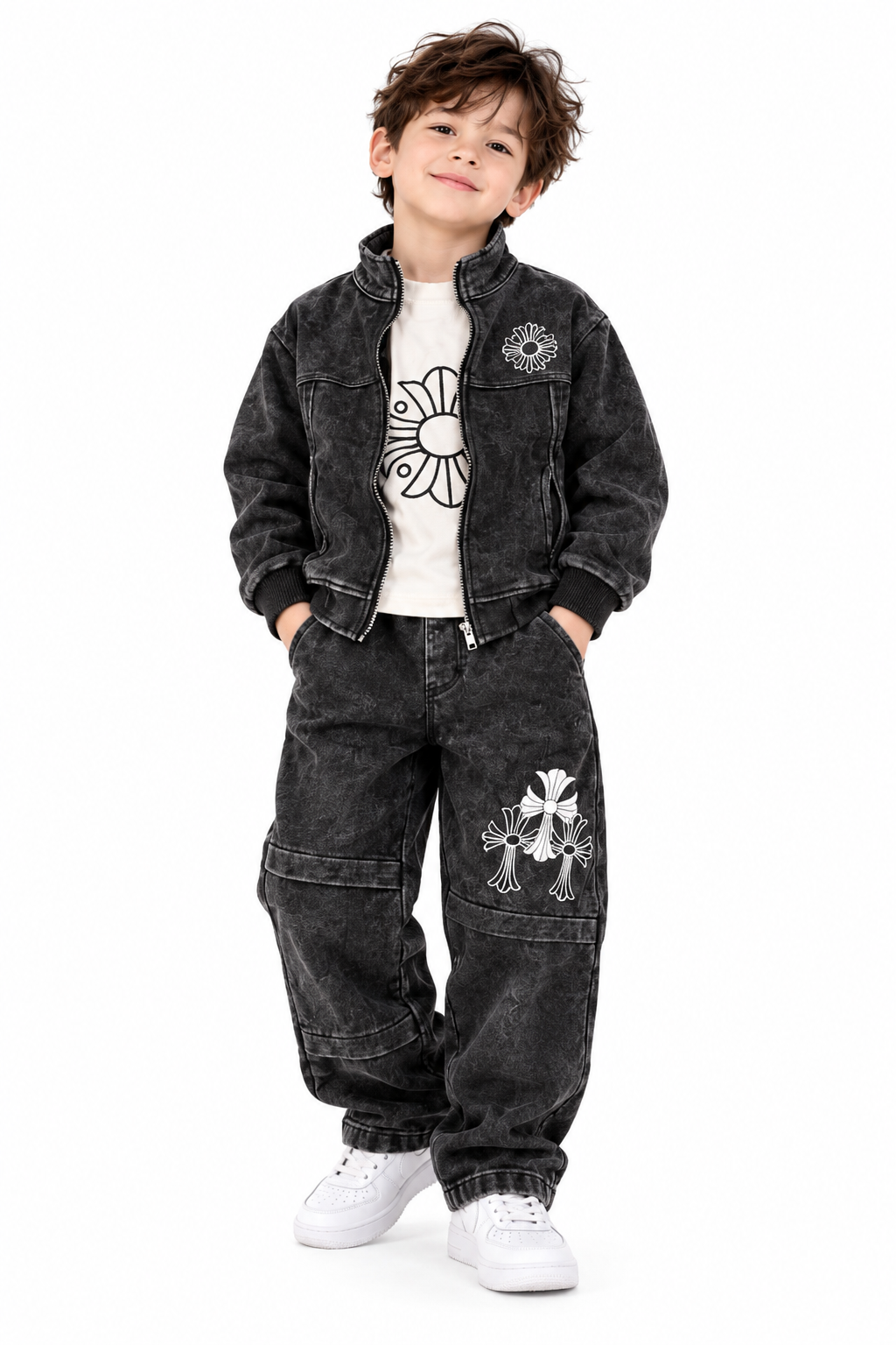 Young Boy in Charcoal Floral Streetwear-1