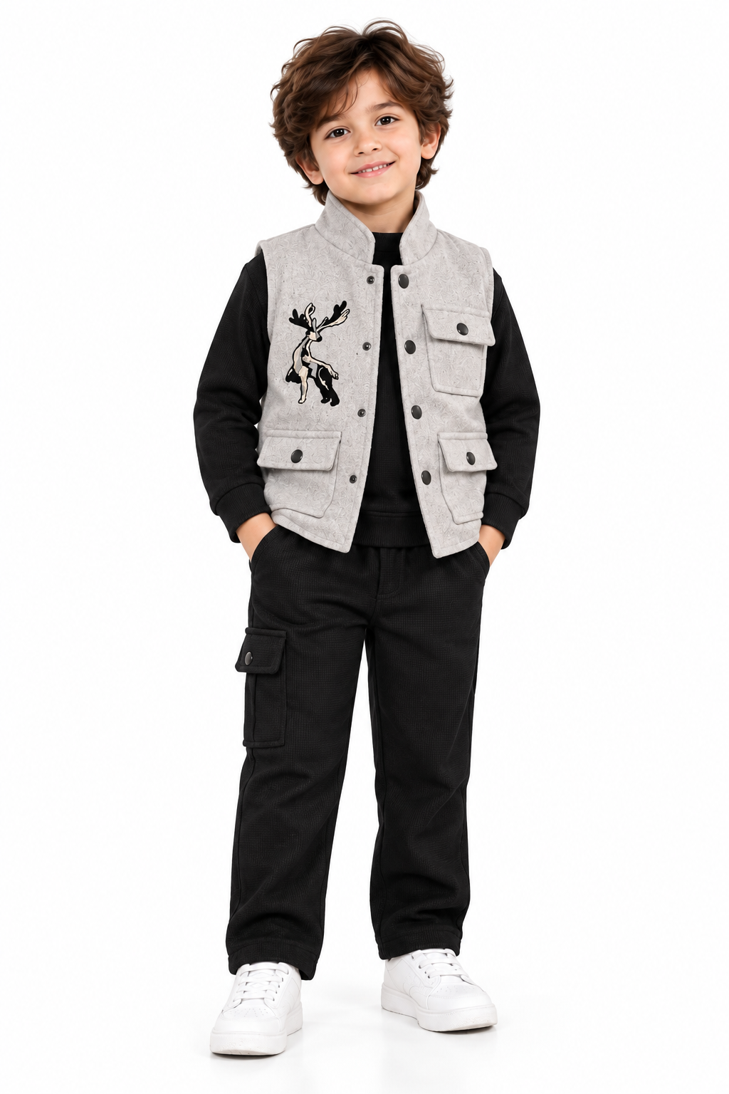 Young Boy in Grey Deer-Motif Vest Outfit-1