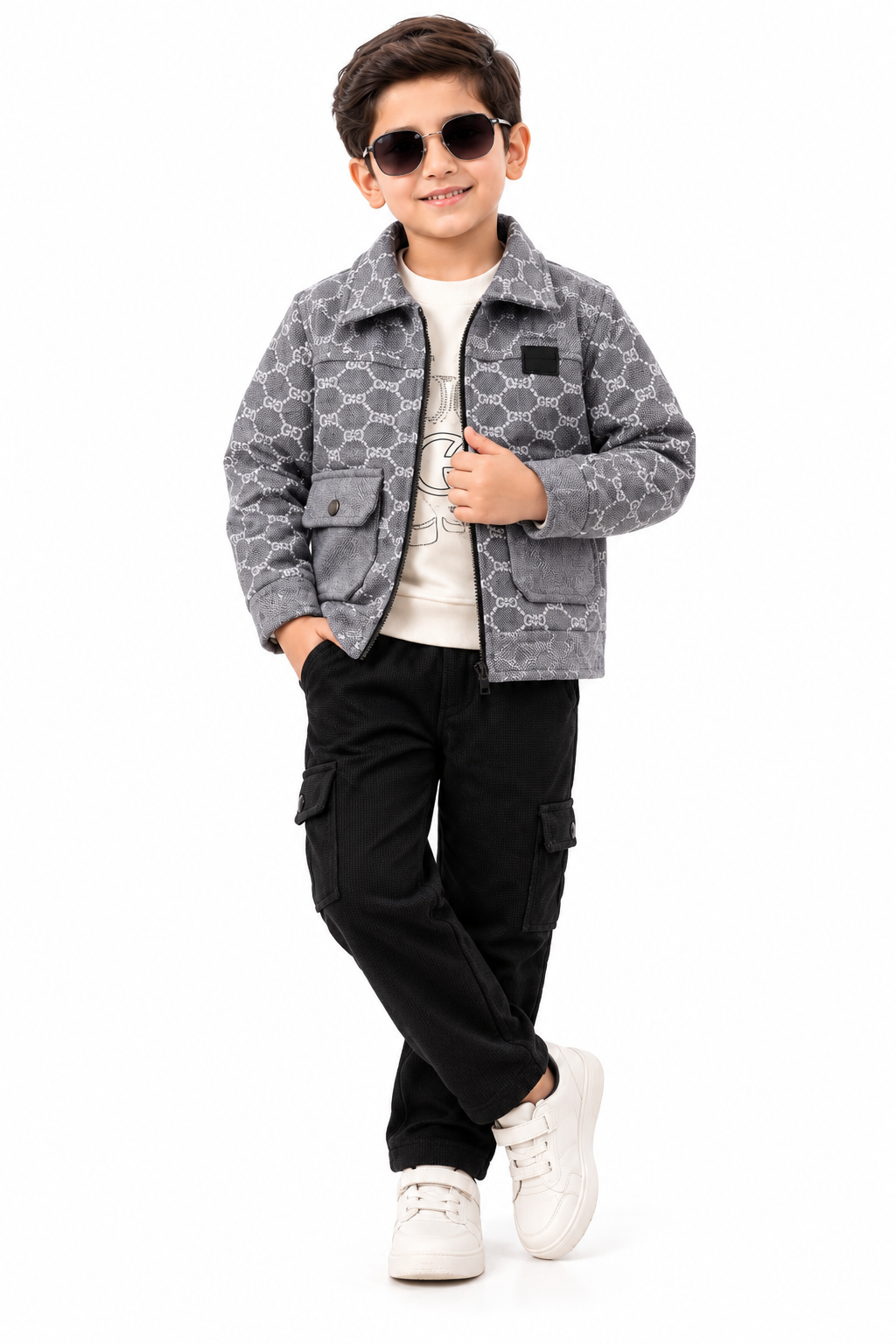 Young Boy in Monogram Jacket and Cargo Trousers-6