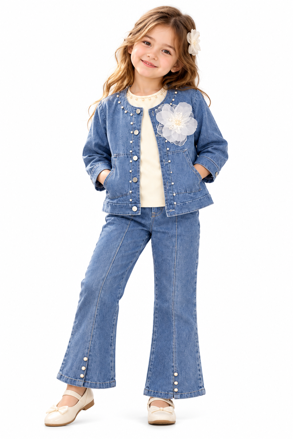 Young Girl in Embellished Denim Outfit