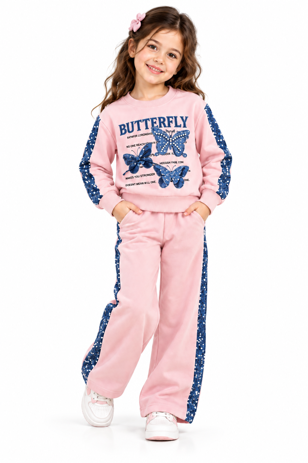 Young Girl in Pink Butterfly Tracksuit